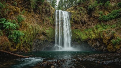 Fototapeta premium Spectacular waterfall enveloped by rich vegetation along a watercourse