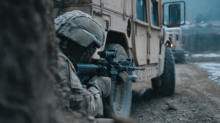 Soldier Reloading Assault Rifle Behind Vehicle for Tactical Cover