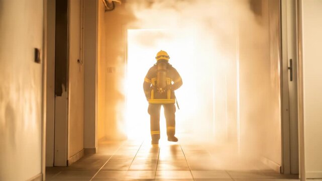 Heroic Firefighter in Full Gear Walks Through a Smoky Hallway Towards a Bright, Dangerous Blaze
