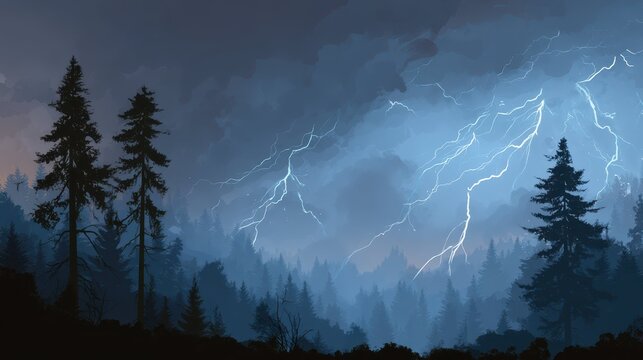 Stormy Night Landscape with Lightning in Dark Sky and Trees