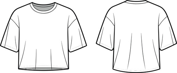 Flat vector illustration of front and back oversized cropped t-shirt, minimal fashion cad template for apparel design and mockup presentation