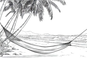 Hand-drawn illustration of a hammock on a tropical beach.