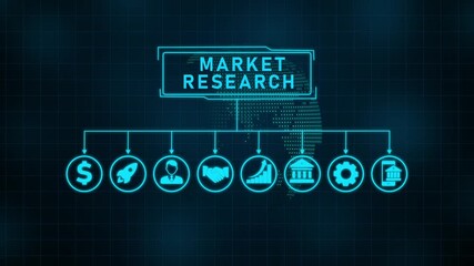 Animated graphic depicting market research process. business insights from large data sets, Marketing Research theme with person using a smartphone in a city at night - Powered by Adobe