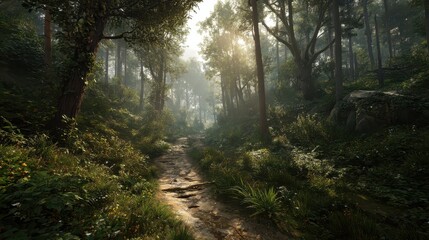 Obraz premium Sun-Drenched Forest Trail with Birdsong and Lush Greenery