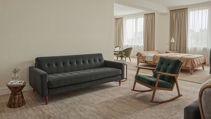 Chic interior setup including a fold-out sofa and rocking chair to host visitors comfortably