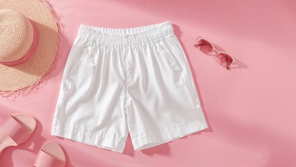 Chic summer banner showcasing white shorts complemented by pink accessories set against a pink background. Premium photo quality.