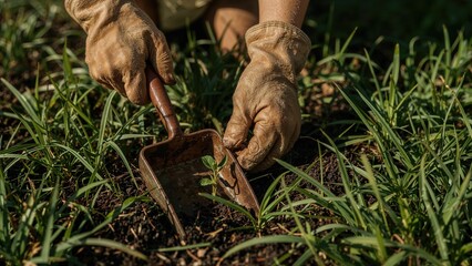 Combatting Unwanted Plants: Woman's Gloved Hands Using a Scoop to Remove Weeds from Soil in a Summer Garden, Close-Up