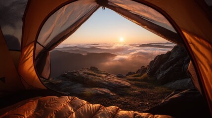 Serene Sunrise View from Tent Opening in Majestic Mountain Landscape