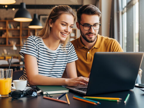 A man and a woman sitting together in front of a laptop seemed cooperative, helping each other complete a shared assignment.