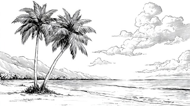 Tropical beach scene with palm trees and mountains.