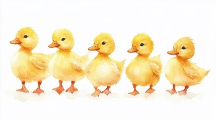 Five adorable yellow ducklings in a row, watercolor painting.