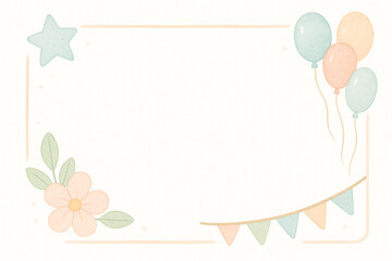 Baby Shower Invitation Frames Collection. Delightful pastel frame featuring a charming flower, festive balloons, and playful flags, perfect for a variety of celebratory designs, greeting cards