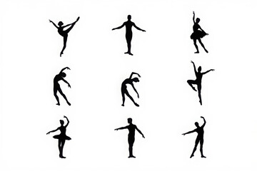 Set of ballet dancer silhouettes in different elegant poses, isolated on white background