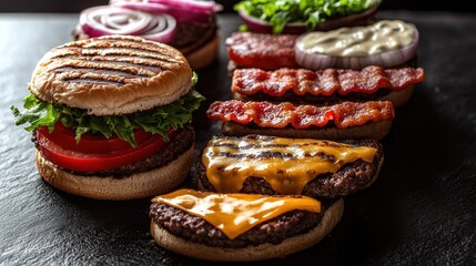 Complete burger assembly demonstration with three gourmet burgers showcasing perfect ingredient layers of beef, cheese, bacon, lettuce, tomato and onion on dark background