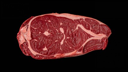 Overhead shot of raw marbled beef sirloin on a black backdrop