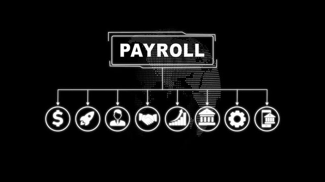 Animated payroll process illustration featuring, and business insights from large data sets ,network ,payroll standards quality control assurance warranty business technology concept.