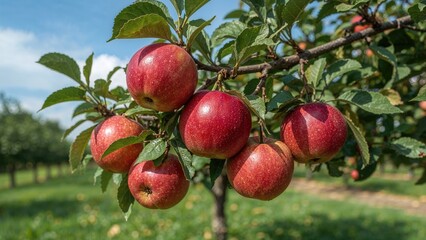 Ripe red apples dangle from a tree limb. Orchard produce. Homegrown apples. Tree bearing fruit.