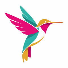 A colorful, stylized illustration of a hummingbird in flight, depicted with modern geometric shapes.