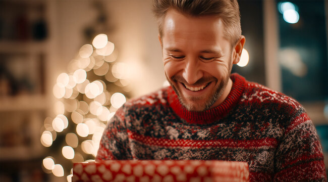 Happy man opening present box and smiling widely for Christmas. Merry Christmas gift concept.