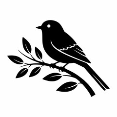 A black silhouette of a small bird perched on a leafy branch.