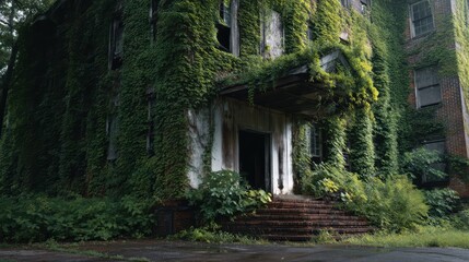 Abandoned School Building Covered in Thick Green Vines and Foliage