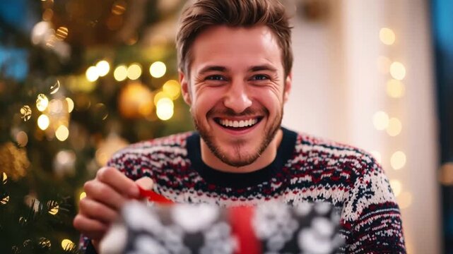 Happy man opening present box and smiling widely for Christmas. Merry Christmas gift concept.