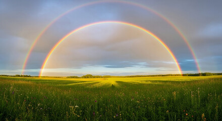 8X Rainbow over green field. A colorful rainbow stretching across the sky above a lush green field, perfect for spring or summer scenes AI generated
(Nature)
Rainbow over green field. A colorful rainb