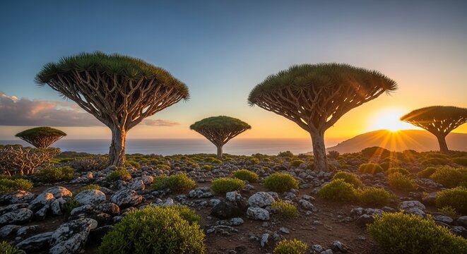 Exploring socotra island yemen dragon blood trees at sunset travel destination landscape photography 4k