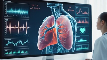 Human lung anatomy with digital health monitor displaying vital signs and heart rate graphs in a futuristic medical technology interface. 4k video - Powered by Adobe