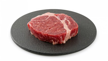 Raw piece of pork steak displayed on a round black chopping board, white isolated background, red beef meat, flat slice, dietary steak