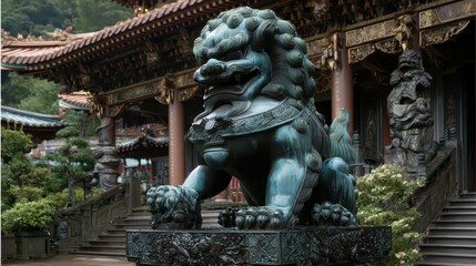 Traditional Lion Statue Guarding Ancient Temple Entrance