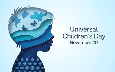 Silhouette of a childs head with a world map and butterflies inside representing universal childrens day