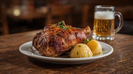 Classic roasted pork knuckle paired with potatoes, presented on a wooden table in a restaurant