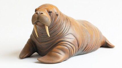 Detailed carving of a walrus, showcasing its tusks and texture, against a white background.