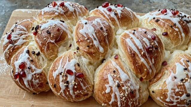 Traditional braided bread topped with white glaze, featuring pomegranate and sesame seeds