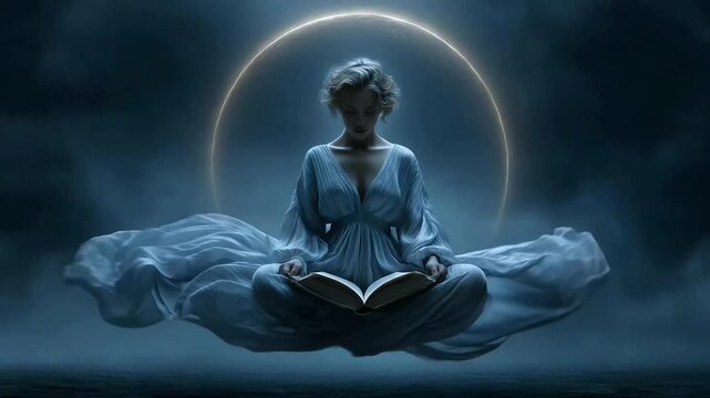 irl levitating with open book under eclipse sky floating magic, cosmic force, mysterious ritual, surreal moonlight, dream scene, power awakening