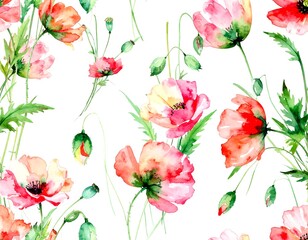 Watercolor poppy flowers seamless pattern, delicate floral design for textile prints