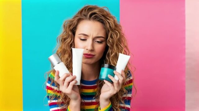 Confused woman struggling with skincare choices holding cosmetic products.