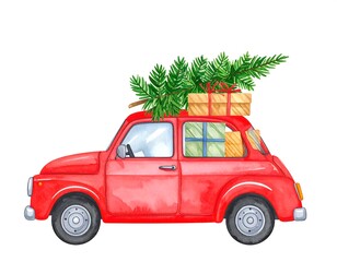 Watercolor red car with christmas tree and gifts, holiday season festive mood