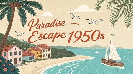 Paradise Escape 1950s: Step back in time to a vintage beach paradise, evoking nostalgia and a sense of serene escape through art.