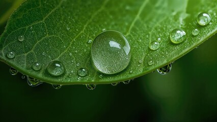 Large sparkling drops of rainwater on a leafy green surface