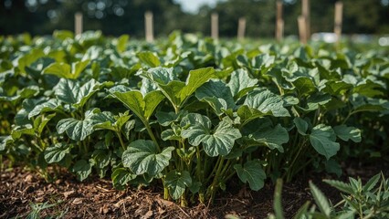 Obraz premium Close-up image of several zucchini plants with wide green leaves in a garden setting