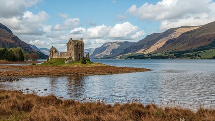 An old castle ruin overlooks the longest freshwater lake in the area, accessible by foot from a road along the A85. The picture is shot from the far side of the lake.