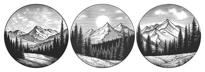 Hand-drawn mountain scenery set with trees and starry sky elements, Isolate on Transparent Background