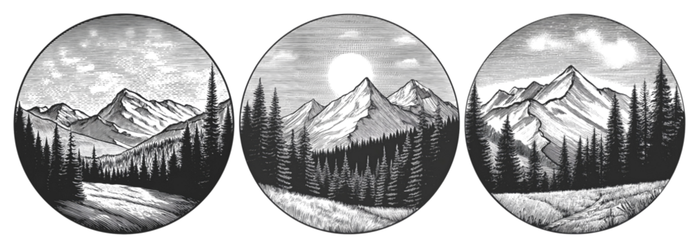 Hand-drawn mountain scenery set with trees and starry sky elements, Isolate on Transparent Background