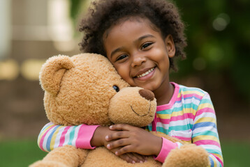 Happy black girl hugging a teddy bear. Smiling child embracing a soft toy outdoors.