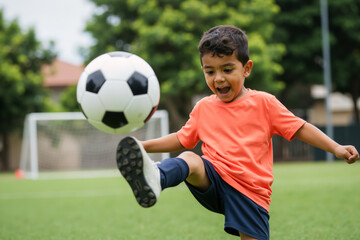 Obraz premium Excited boy kicking a soccer ball on a field. Young player in action during a football game.