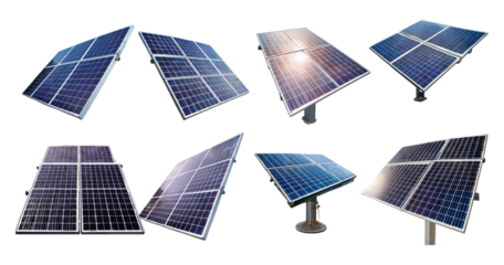 Various Angles of Solar Panels on Poles in Bright Sunlight Setting, isolated on transparent background
