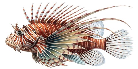  Close-up full-body image of a lionfish viewed diagonally, long venomous spines radiating outward in symmetrical display, stripes and fin textures in crisp resolution, isolated on a pure white.