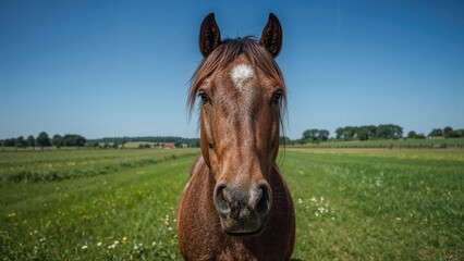 Obraz premium Zoomed-in shot of a horse on a verdant pasture
